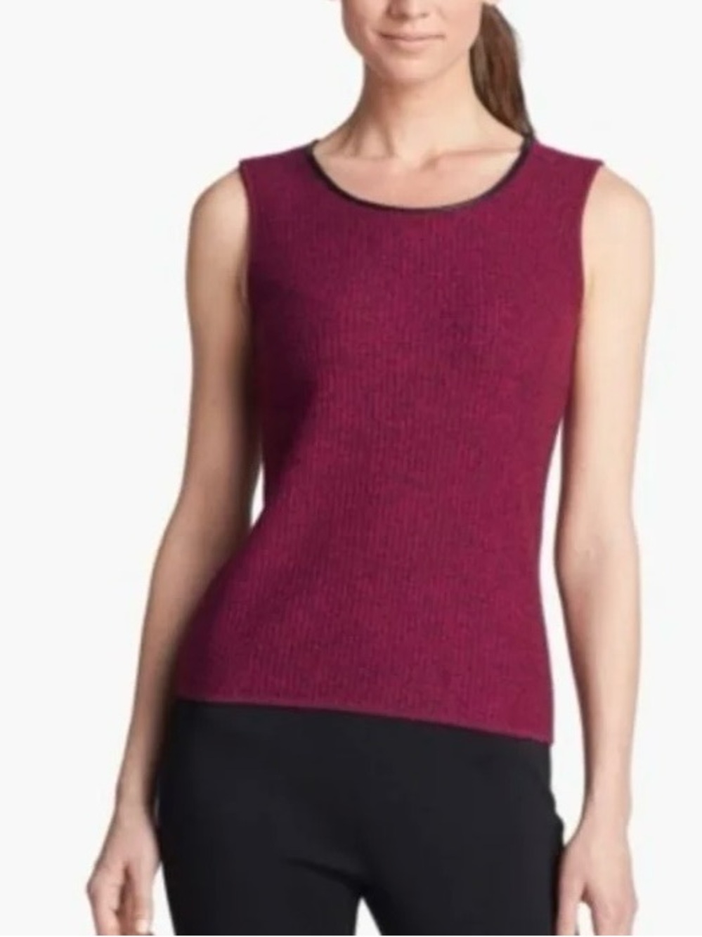 St. John Magenta Textured Knit Tank Top Leather Trim Scoop Neck Shell Pink Sz L